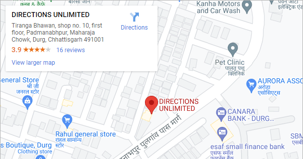 Directions Unlimited LOcation On map - https://www.google.co.in/maps/place/DIRECTIONS+UNLIMITED/@21.176062,81.2980155,20.5z/data=!4m5!3m4!1s0x3a293d1f25dda38d:0x998eb285ae4a158a!8m2!3d21.1760595!4d81.2980901